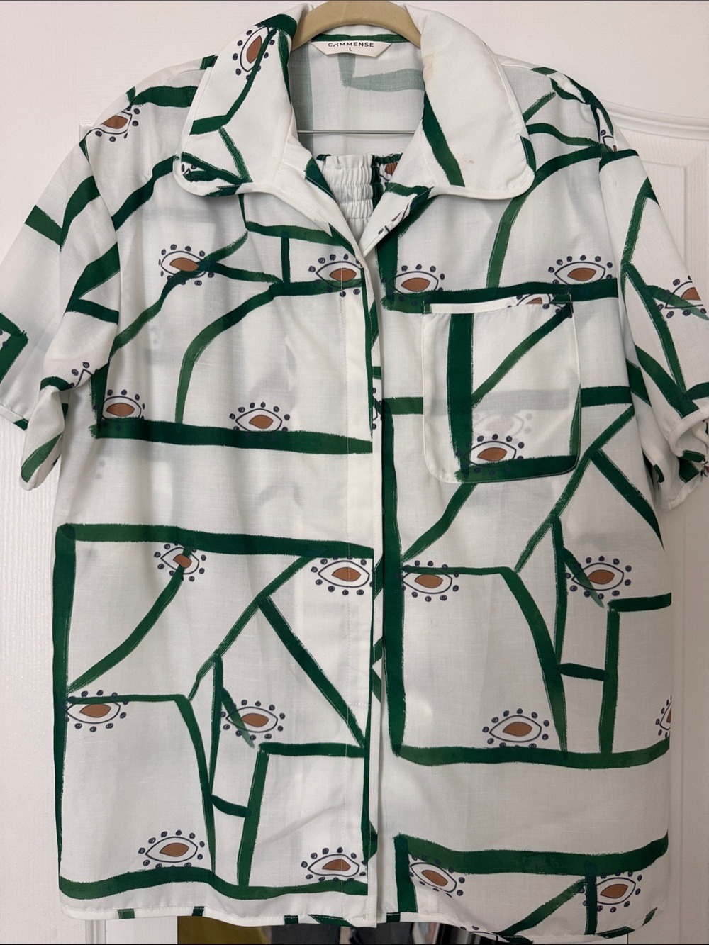 Womens White Short Sleeve Shirt and shirt set  with Green Geometric Print